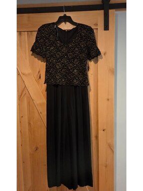 Vintage Late Edition Size 8  Brocade Lace Jumpsuit Chiffon Dress Black Gold USA